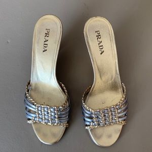 PRADA GOLD AND SILVER LTHER WEDGE BRAIDED SANDALS SIZE 36.5